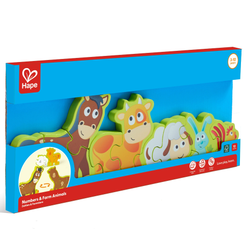 Puzzle - Puzzle din Lemn Hape cu Numere si Animale de la Ferma 34.2 x 1.2 x 13 cm