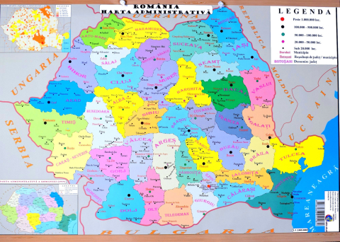 Harta de perete Romania. Harta Administrativa. Harta Fizica 70 x 50 cm [1]