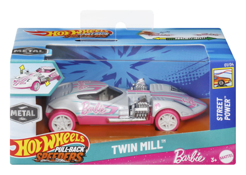 Vehicule de jucărie - HOT WHEELS MASINUTA METALICA CU SISTEM PULL BACK BARBIE TWIN MILL STREET POWER SCARA 1:43