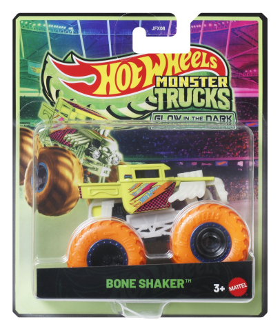Vehicule de jucărie - HOT WHEELS MONSTER TRUCK GLOW IN THE DARK MASINUTA BONE SHAKER CU ROTI PORTOCALII SCARA 1 LA 64