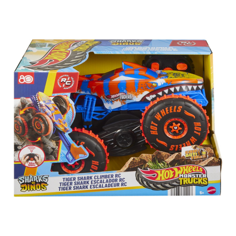 Masinuțe cu telecomandă - HOT WHEELS MONSTER TRUCK SHARKS VS DINOS MASINA CU TELECOMANDA TIGER SHARK CLIMBER
