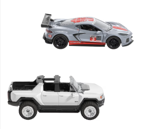 Mașinuțe de jucărie - Set 2 masinute metalice Hot Wheels Pull Back GMC Hummer EV si Corvette C8R scara 1 la 43