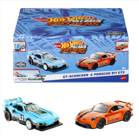 Mașinuțe de jucărie - Set 2 masinute metalice Hot Wheels Pull Back GT-Scorcher si Porsche 911 GT3 scara 1 la 43