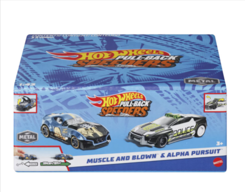 Mașinuțe de jucărie - Set 2 masinute metalice Hot Wheels Pull Back Muscle And Blown si Alpha Pursuit 1:43