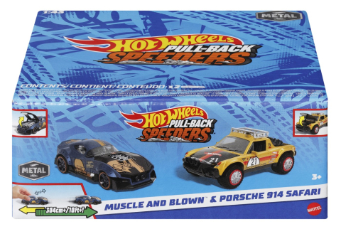 Vehicule de jucărie - HOT WHEELS SET 2 MASINUTE METALICE PULL BACK MUSCLE AND BLOWN SI PORSCHE 914 SAFARI 1:43