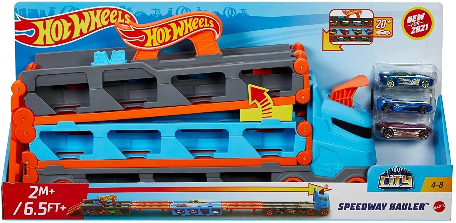 Mașinuțe de jucărie - Hot Wheels 2 in 1 Mega transportator masini pista