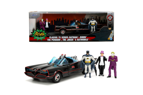Noutăți Librăria Compas - Set masina metalica Batmobile cu figurine Batman Robin The Penguin si The Joker