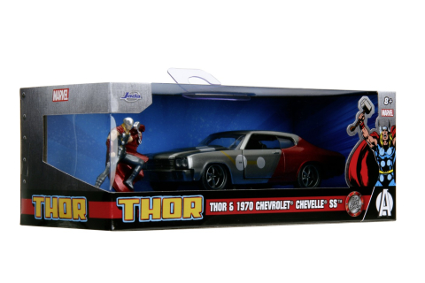 Mașinuțe de jucărie - JADA MARVEL SET FIGURINA METALICA THOR SI MASINUTA CHEVY CHEVELLE SS SCARA 1 LA 32