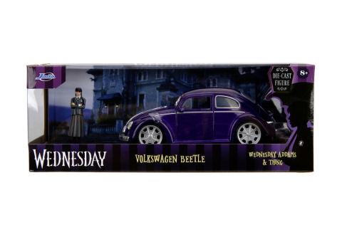 Mașinuțe de jucărie - JADA WEDNESDAY SET MASINUTA METALICA VOLKSWAGEN BEETLE 1:24 SI FIGURINA METALICA WEDNESDAY 7CM