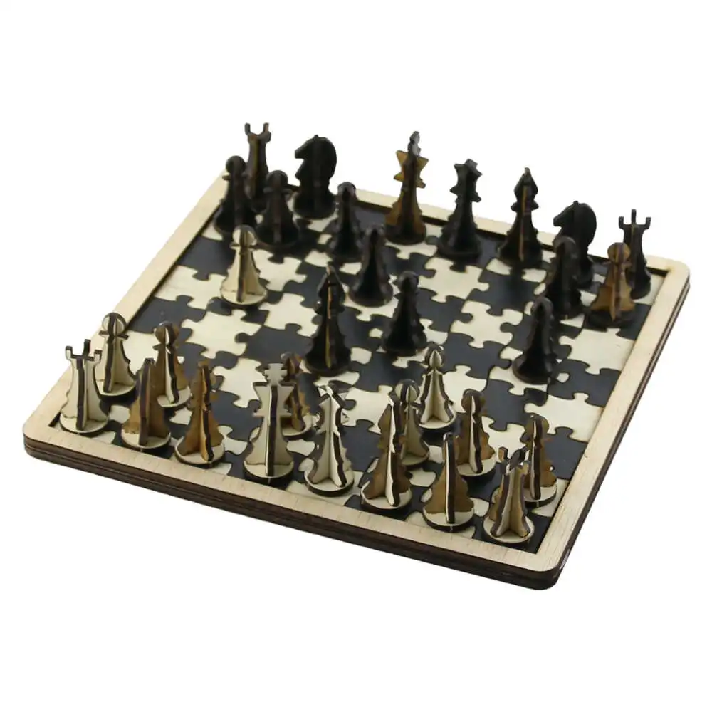Puzzle - Joc Sah cu Puzzle DIY 2D/3D din Lemn 20 x 20 x 30 cm
