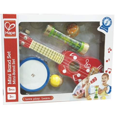 Instrumente muzicale de jucărie - Jucarie din lemn Hape Set muzical Mini Band 5 instrumente