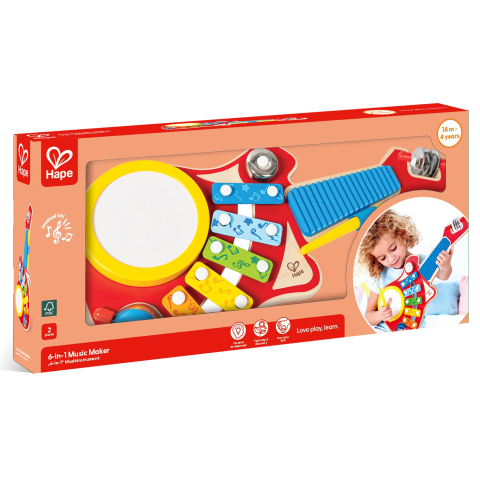 Jucării și jocuri - Jucarie muzicala din lemn Hape Chitara multifunctionala 6 in 1