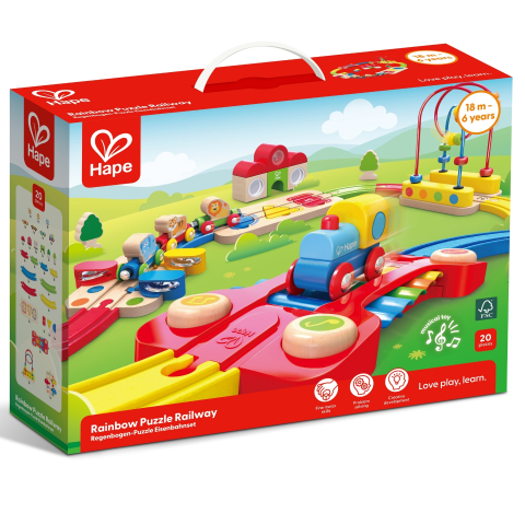 Trenulețe de jucărie - Sina de Tren Curcubeu cu Puzzle Hape 30 piese 56 x 20 x 54 cm