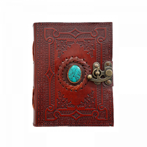 Papetărie și articole din hârtie - Jurnal vintage Krashell copertă cu piatră turcoaz piele naturală 17.5 x 12.5 cm