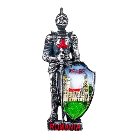Souvenir România - Magnet rasina 4x9 cm Soldat cu scut Castelul Peles