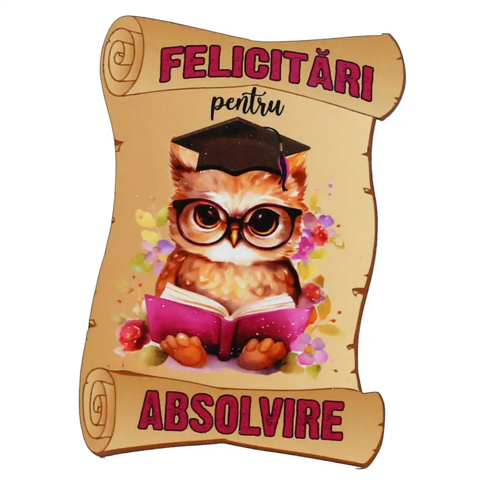 Casă și decorațiuni - Magnet de frigider din lemn „Felicitari pentru Absolvire” 6x8.5 cm roz