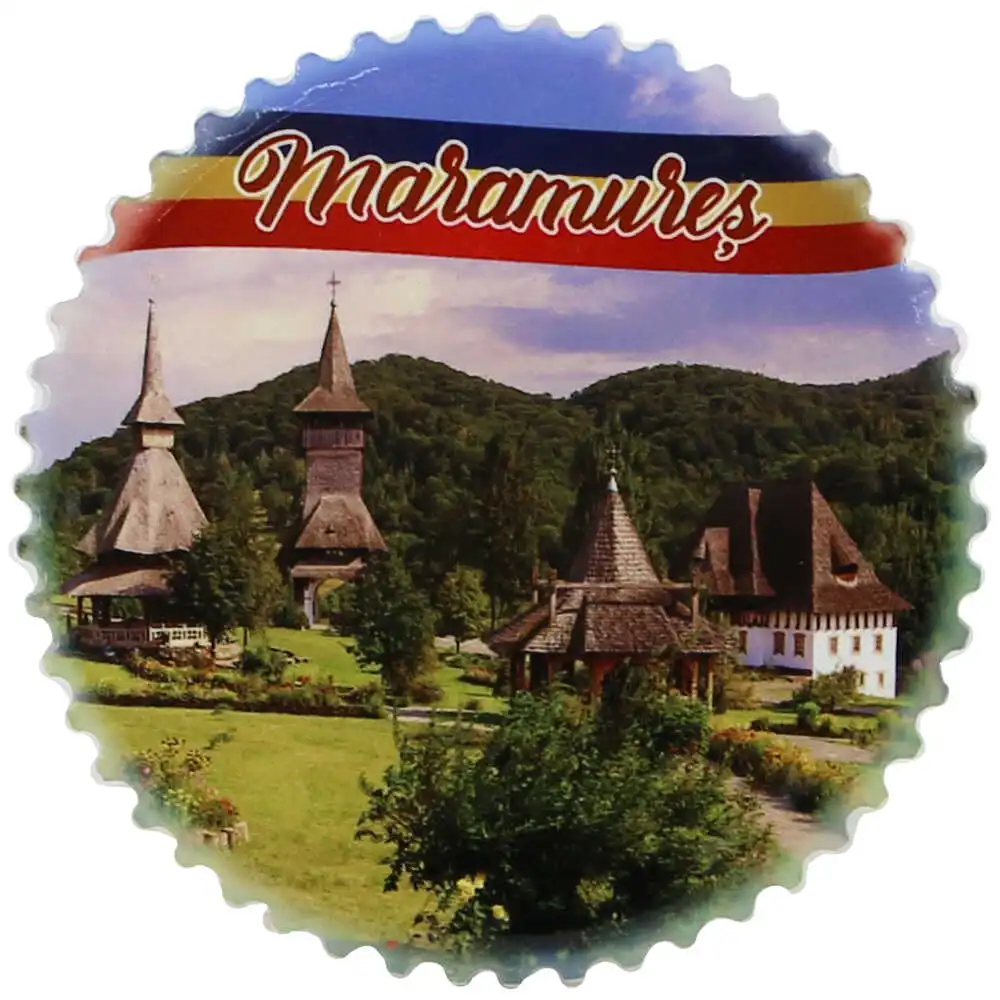 Souvenir România - Magnet frigider ceramica rotunda Romania Maramures 7 cm