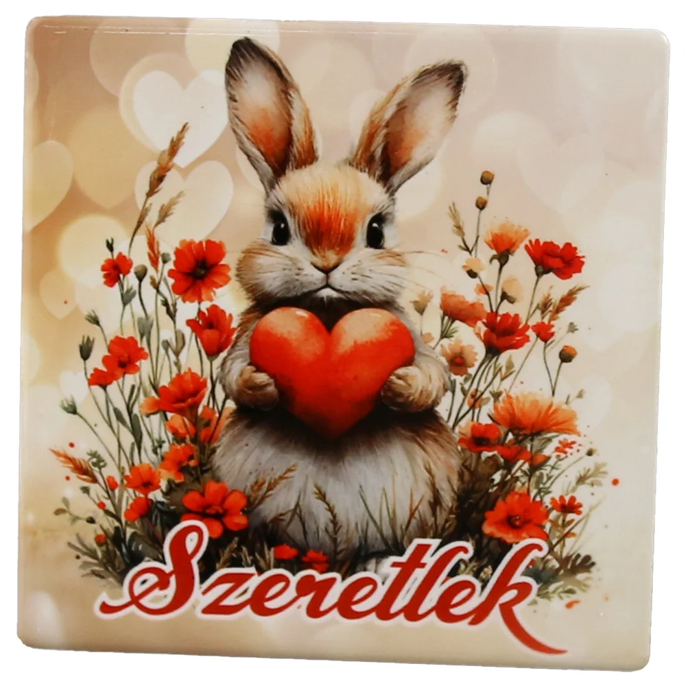 Magneți - Magnet frigider ceramica Szeretlek 7.5x7.5cm cu iepuras