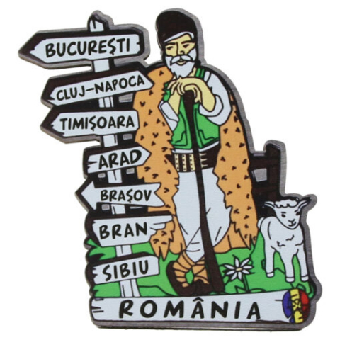 Noutăți Librăria Compas - Magnet frigider din lemn Romania 8×9 CM cioban cu oaie