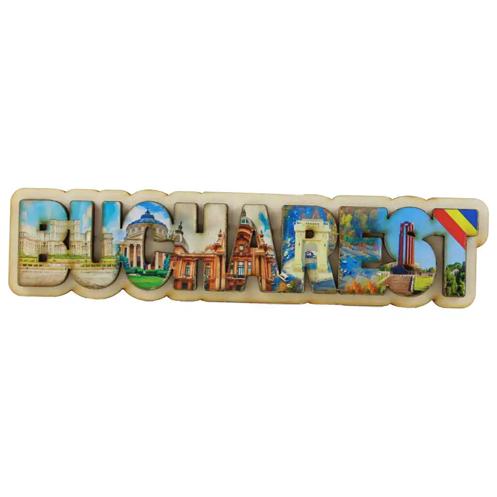 Casă și decorațiuni - Magnet frigider din lemn Bucharest colaj 17 x 4 cm