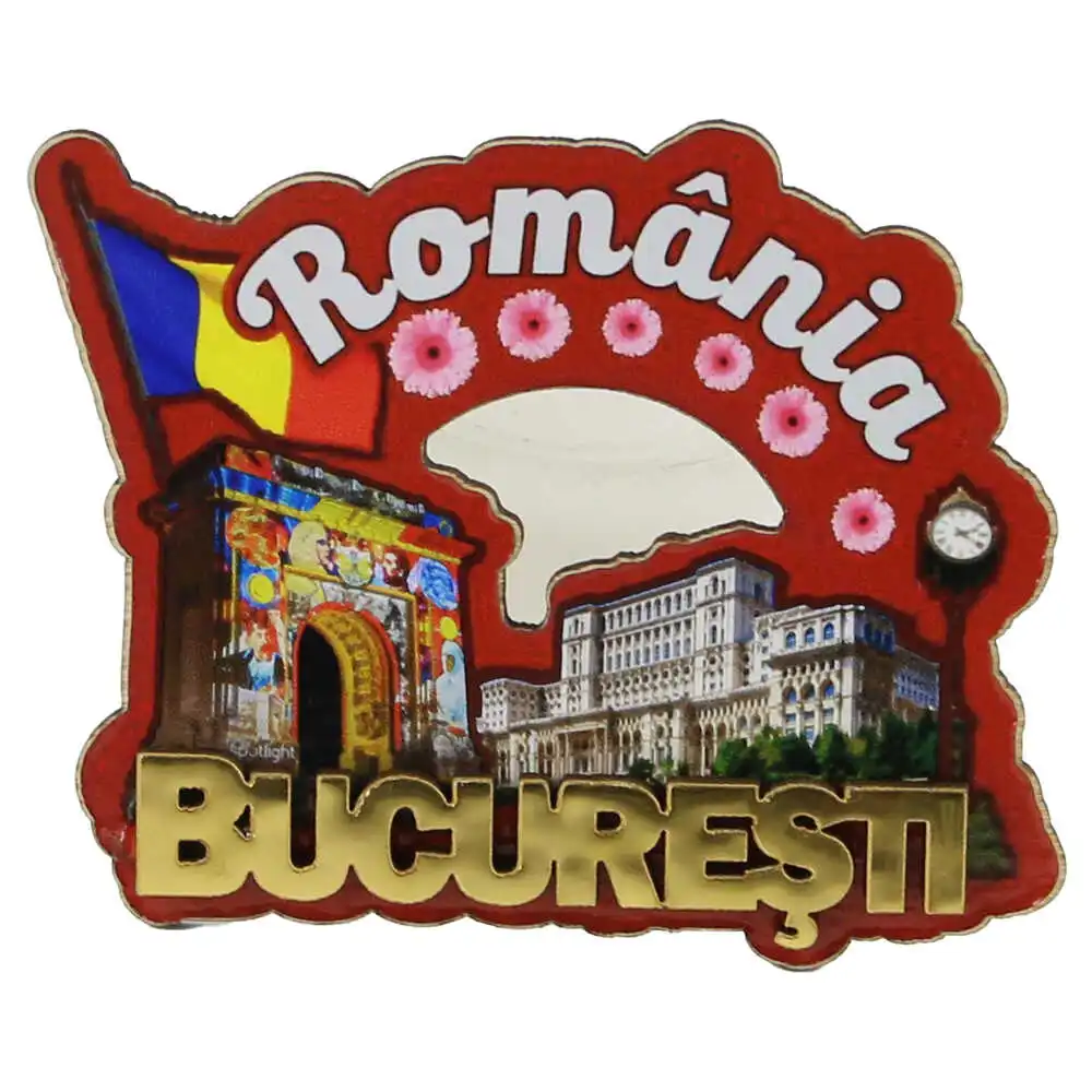 Casă și decorațiuni - Magnet frigider din lemn Bucuresti cu steag 10 x 7 cm