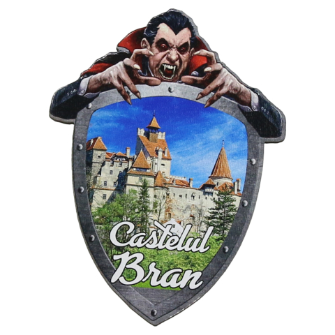 Noutăți Librăria Compas - Magnet frigider din lemn 7x9cm Castelul Bran Dracula scut