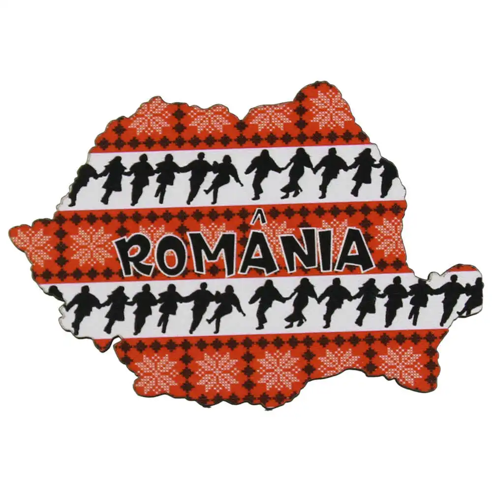 Noutăți Librăria Compas - Magnet frigider din lemn Harta Romaniei dansatori populari 9 x 6 cm