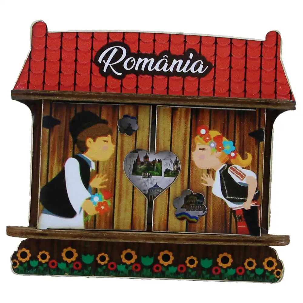 Casă și decorațiuni - Magnet frigider din lemn I love Bucharest Casuta 9 x 13.5 cm