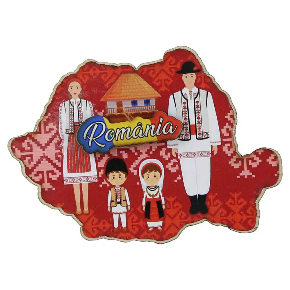 Casă și decorațiuni - Magnet frigider din lemn Romania Harta Romaniei Port traditional 10 x 8 cm