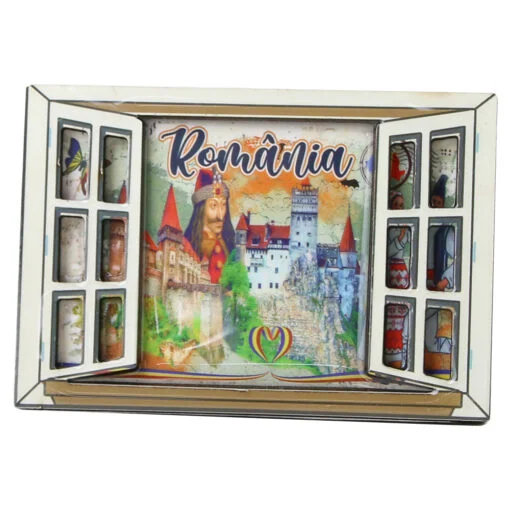 Casă și decorațiuni - Magnet frigider Romania lemn fereastra 8.5x6 cm