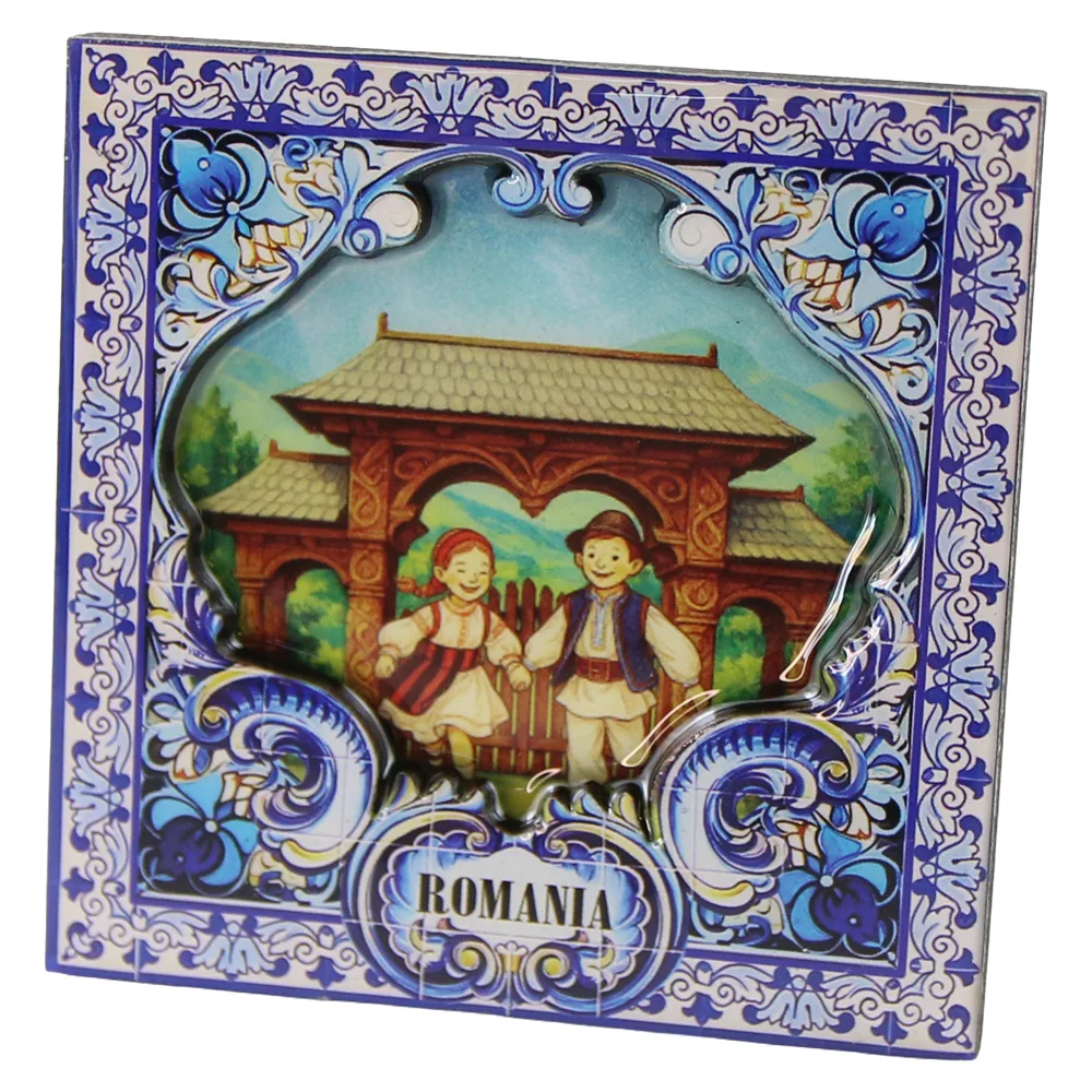 Casă și decorațiuni - Magnet frigider din lemn Romania 7x7 cm Copii cu poarta traditionala