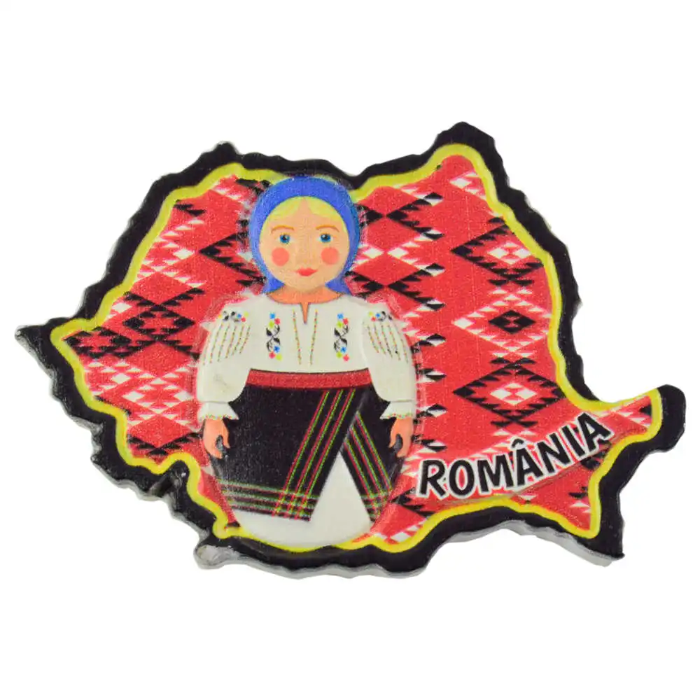 Casă și decorațiuni - Magnet frigider din rasina Harta Romaniei Port traditional 8 cm