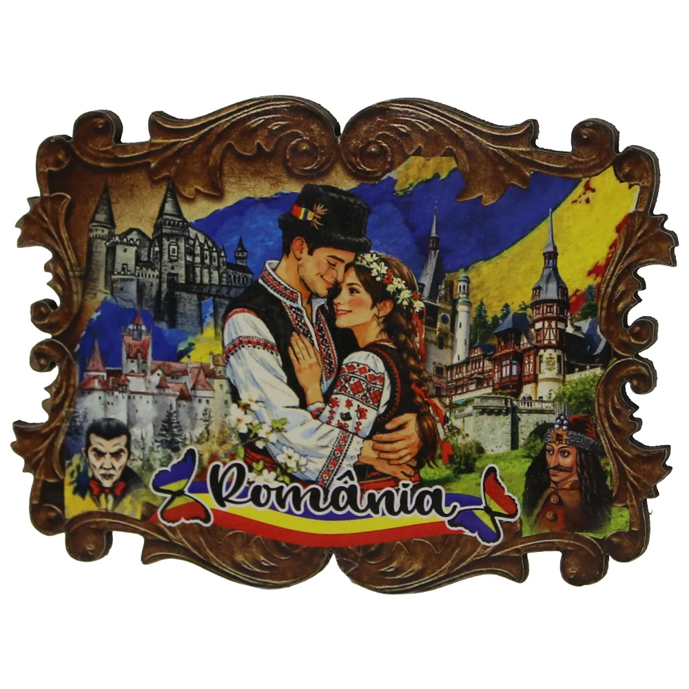Casă și decorațiuni - Magnet de frigider din placaj Romania cuplu si orase 8 x 6 cm