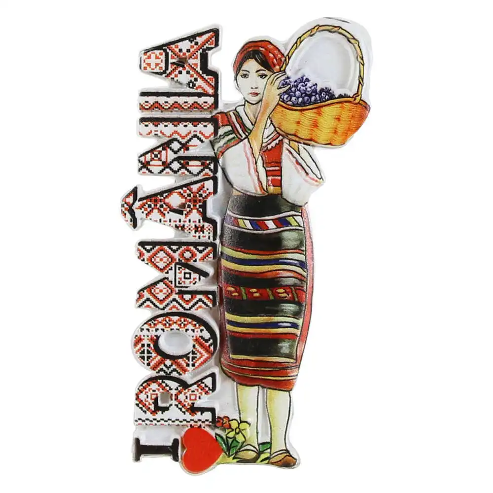 Noutăți Librăria Compas - Magnet frigider din rasina I Love Romania 5x10 cm femeie in port traditional
