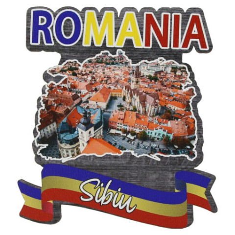 Magneti - Magnet frigider Romania lemn Sibiu tricolor 8x8 cm