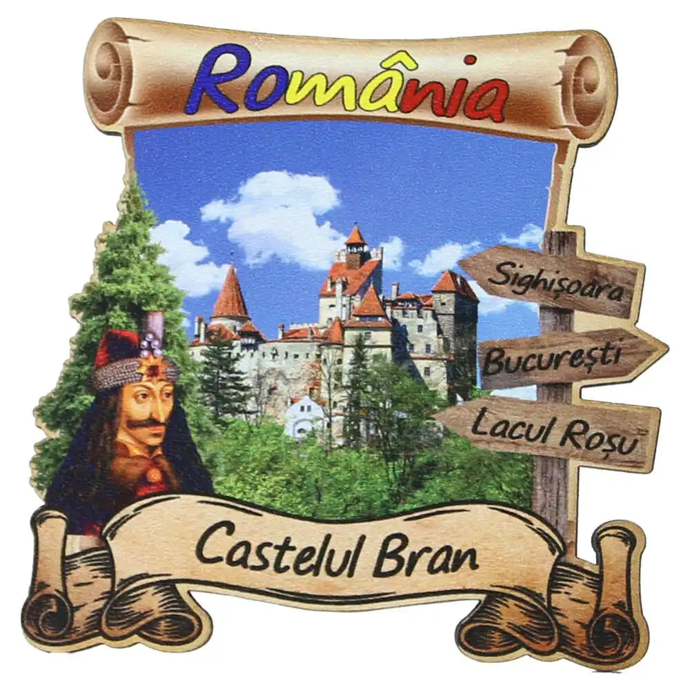 Casă și decorațiuni - Magnet frigider din lemn 8x8 cm Castelul Bran/Romania