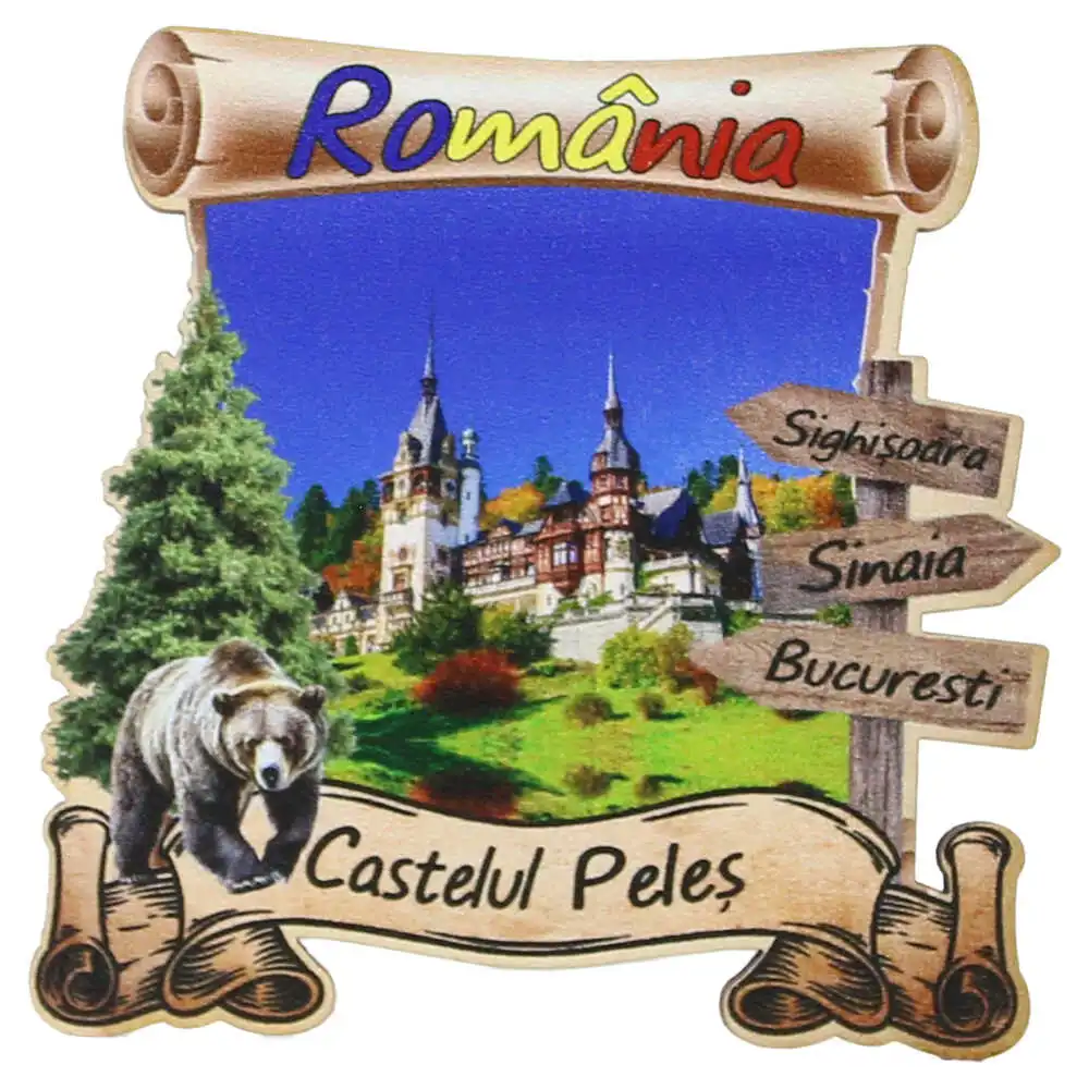 Casă și decorațiuni - Magnet frigider din lemn 8x8 cm Castelul Peles/Romania