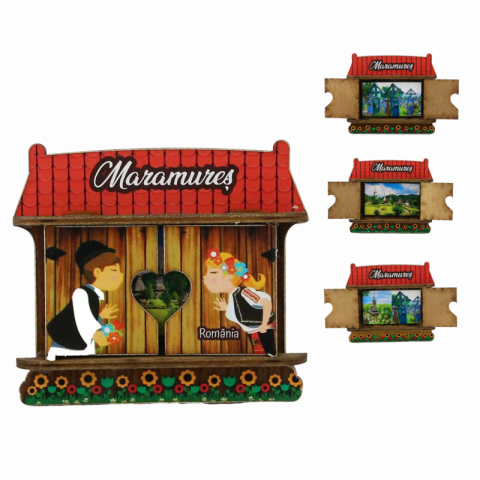 Souvenir România - Magnet frigider lemn Maramures Casuta 9 x 8 cm modele diferite