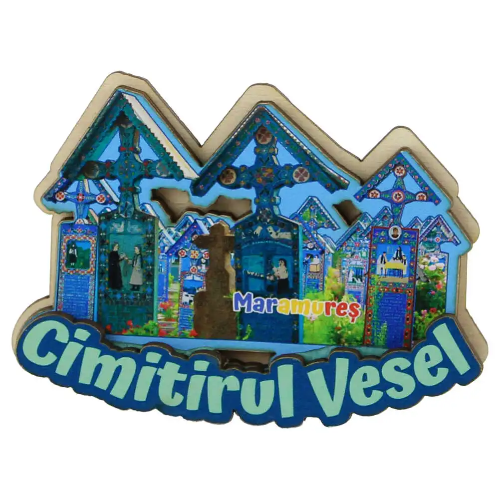 Souvenir România - Magnet frigider lemn Maramures Cimitirul Vesel 9 x 6 cm