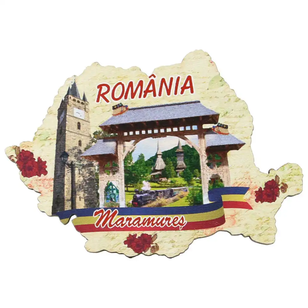 Souvenir România - Magnet frigider lemn Maramures Harta Romaniei 9 x 6 cm