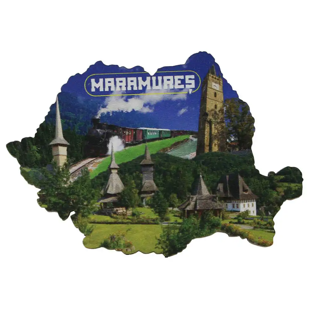 Souvenir România - Magnet frigider lemn Maramures Harta Romaniei 9 x 6 cm