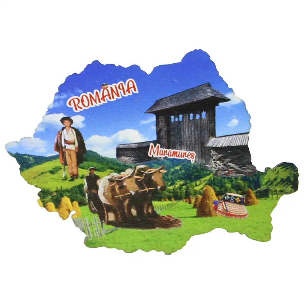 Souvenir România - Magnet frigider lemn Maramures Harta Romaniei 9 x 6 cm