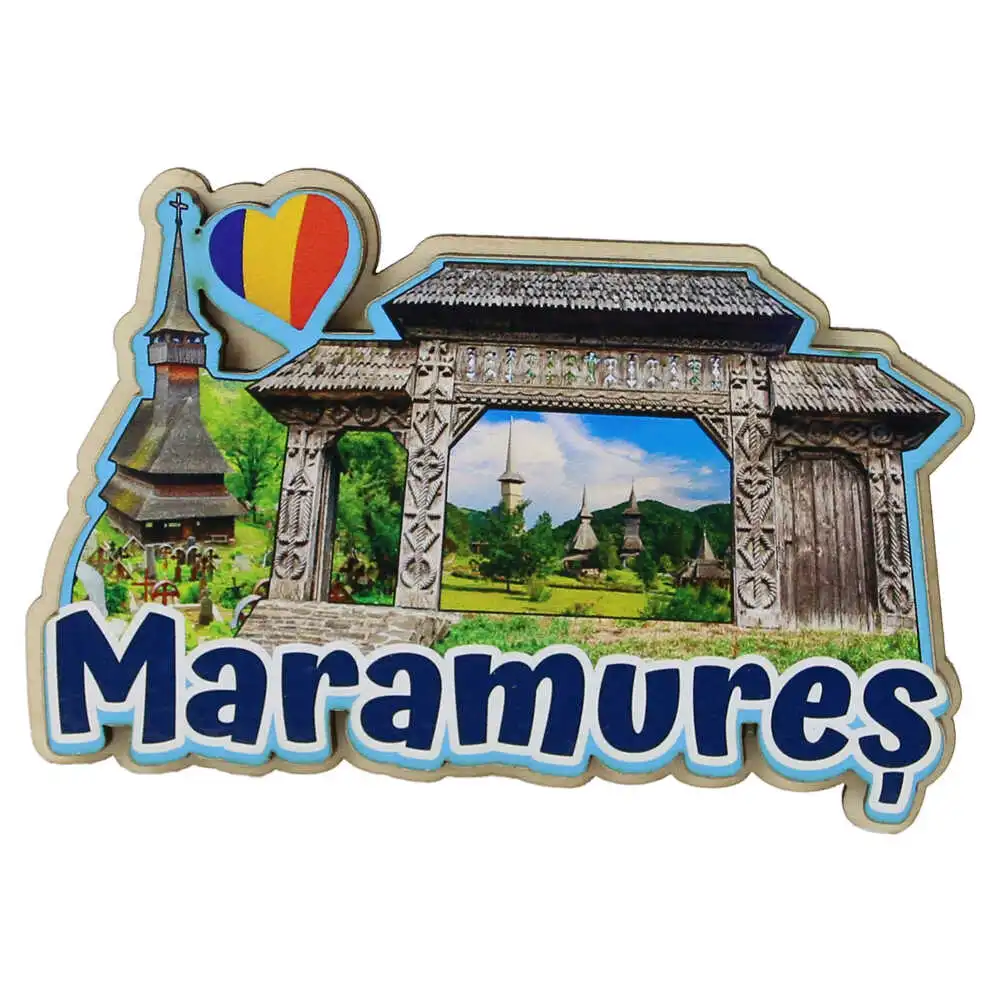 Souvenir România - Magnet frigider lemn Maramures Poarta traditionala 12 x 7 cm