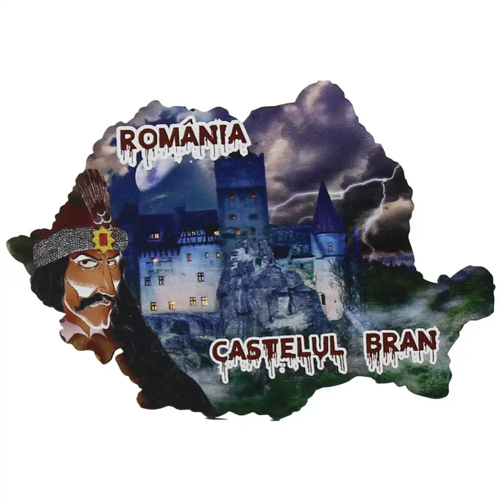 Casă și decorațiuni - Magnet frigider din lemn Romania Castelul Bran Vlad Tepes 9 x 6 cm