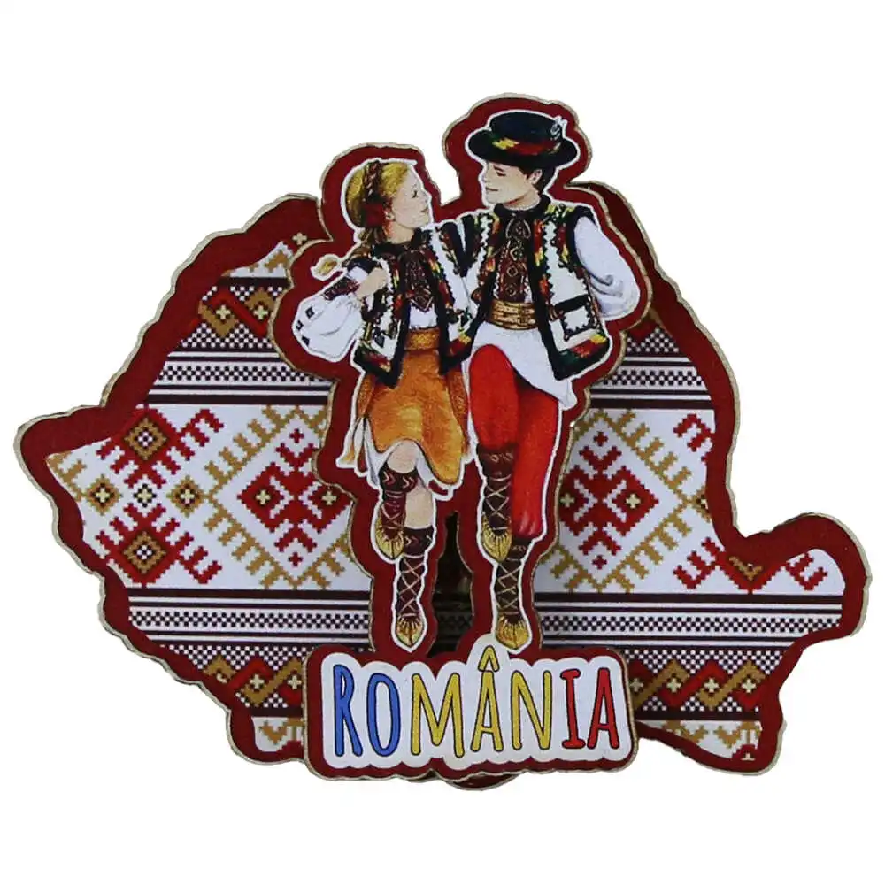 Casă și decorațiuni - Magnet frigider lemn 9x7 cm harta Romaniei dansatori populari
