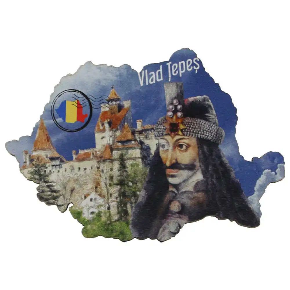 Noutăți Librăria Compas - Magnet frigider Vlad Tepes Harta Romaniei Castelul Bran 9 x 6 cm