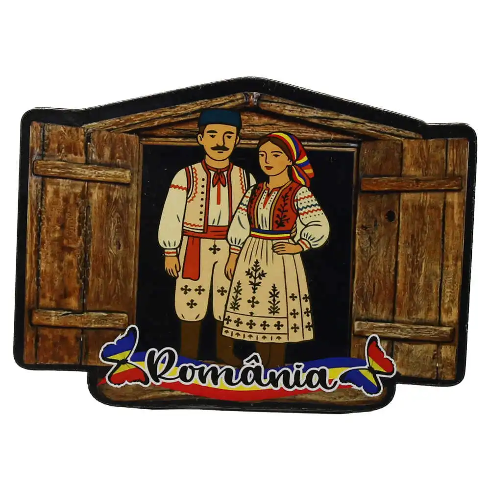 Magneți - Magnet frigider din MDF Romania 10 cm Cuplu in port traditional