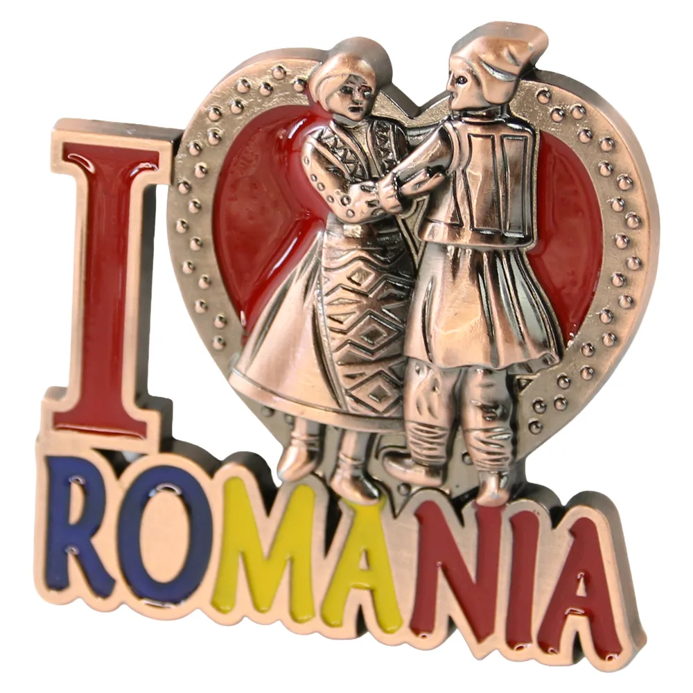 Casă și decorațiuni - Magnet frigider metalic I love Romania 6x6.5 cm cuplu popular