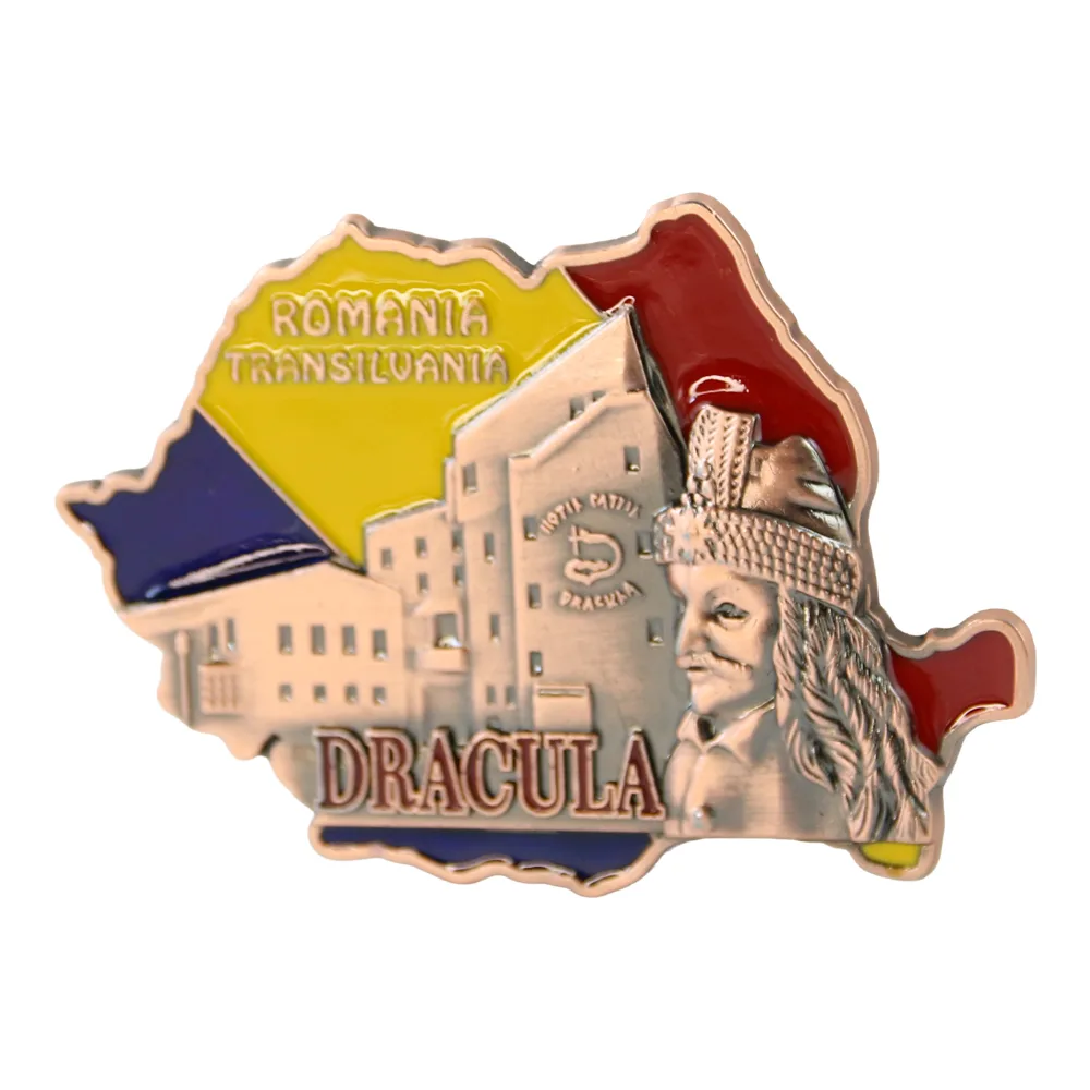 Casă și decorațiuni - Magnet frigider metalic 7x5 cm Harta Romaniei/Dracula