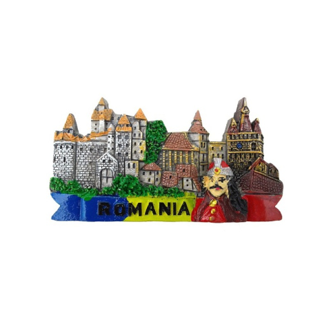 Souvenir România - Magnet harta Romania cu castele si Vlad Tepes 9.5x5 cm